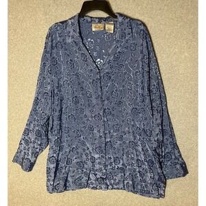 Kathie Lee Woman Bluse Size 26W Danish Blue Floral Jacquard Shiny Satin Tunic